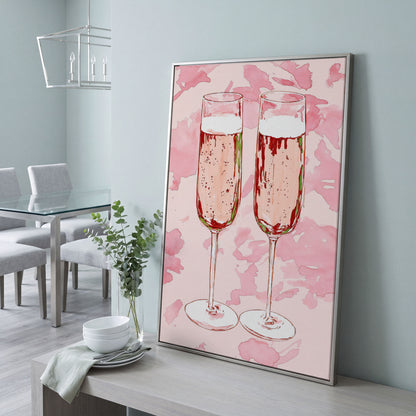 Champagne Watercolor Canvas in Pink in silver floating frame