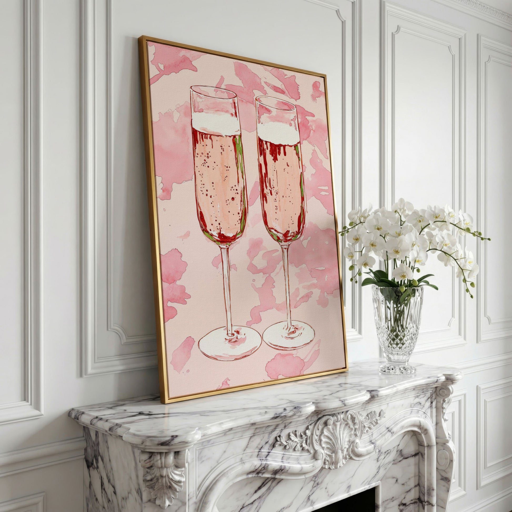 Champagne Watercolor Canvas in Pink in yellow gold floating frame