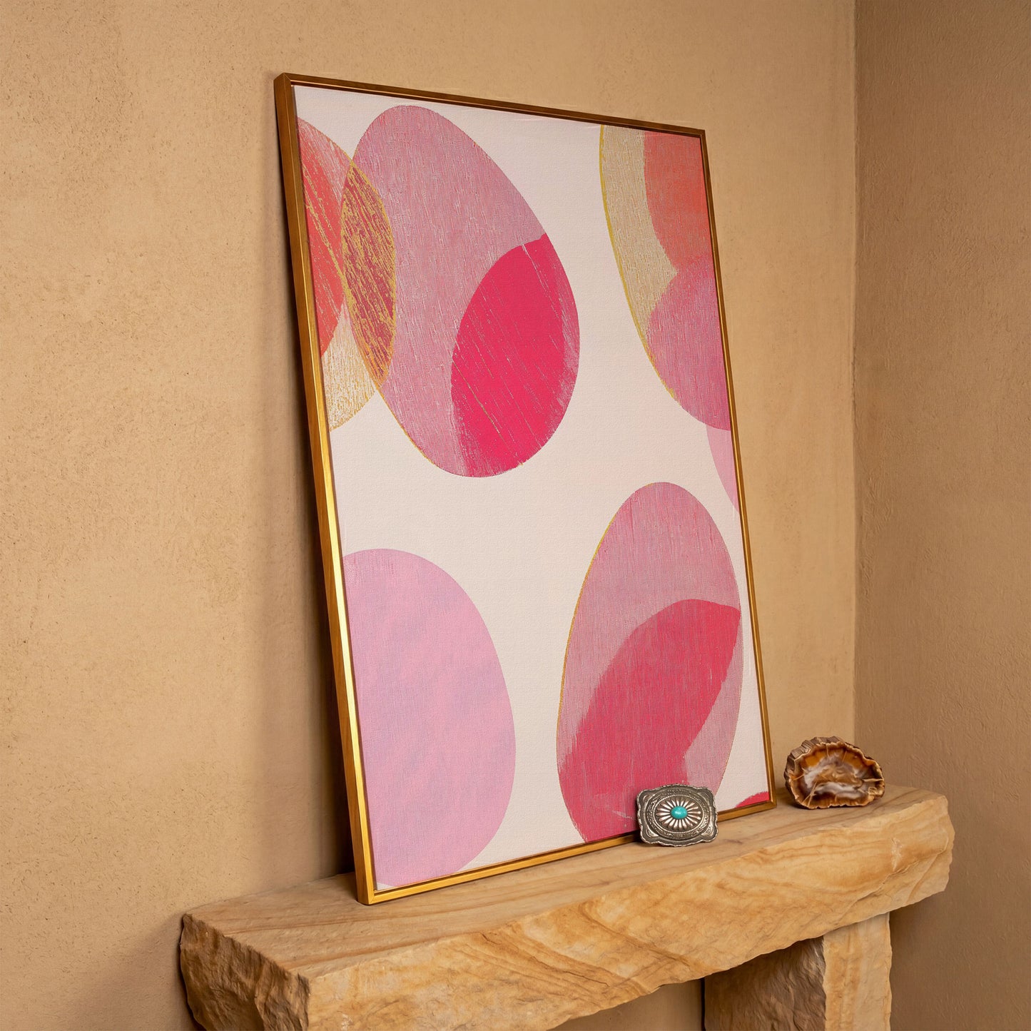 Pink Abstract Circles Canvas Wall Art in antique gold floating frame