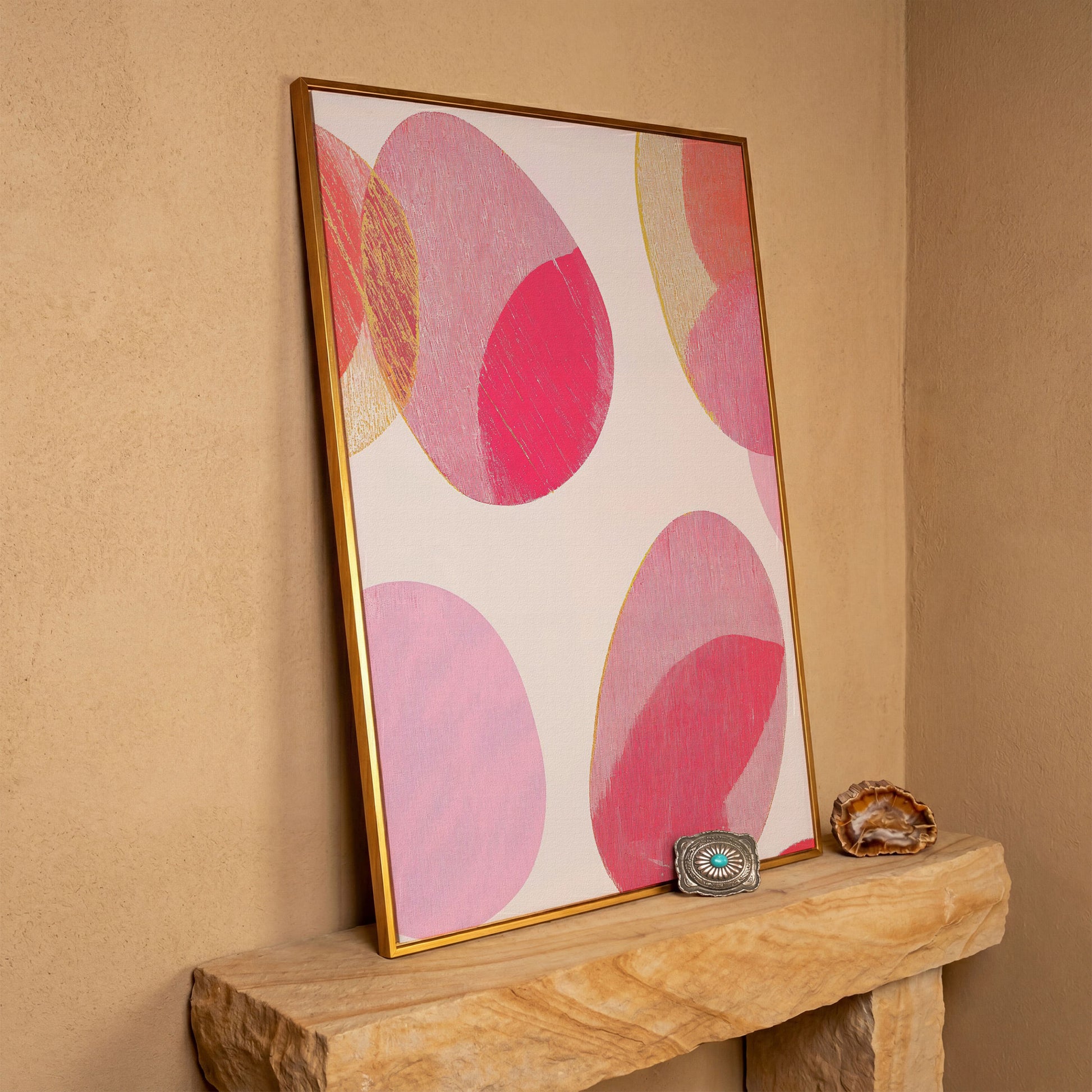 Pink Abstract Circles Canvas Wall Art in antique gold floating frame