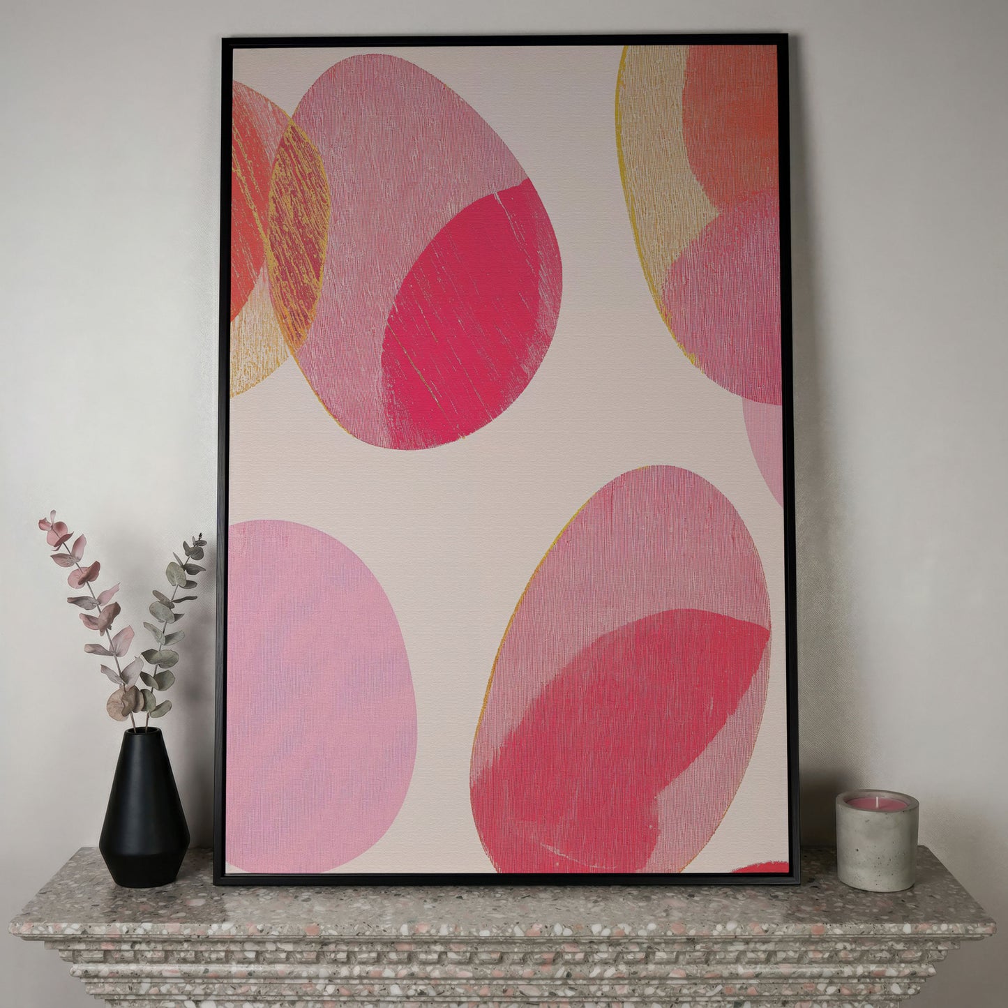 Pink Abstract Circles Canvas Wall Art in black floating frame