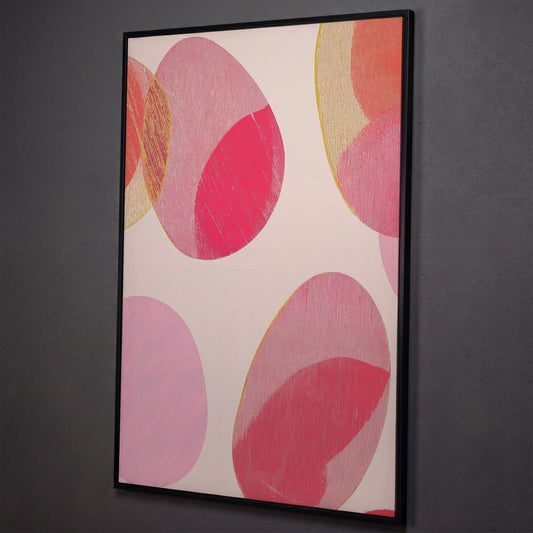 Pink Abstract Circles Canvas Wall Art shown in black floating frame