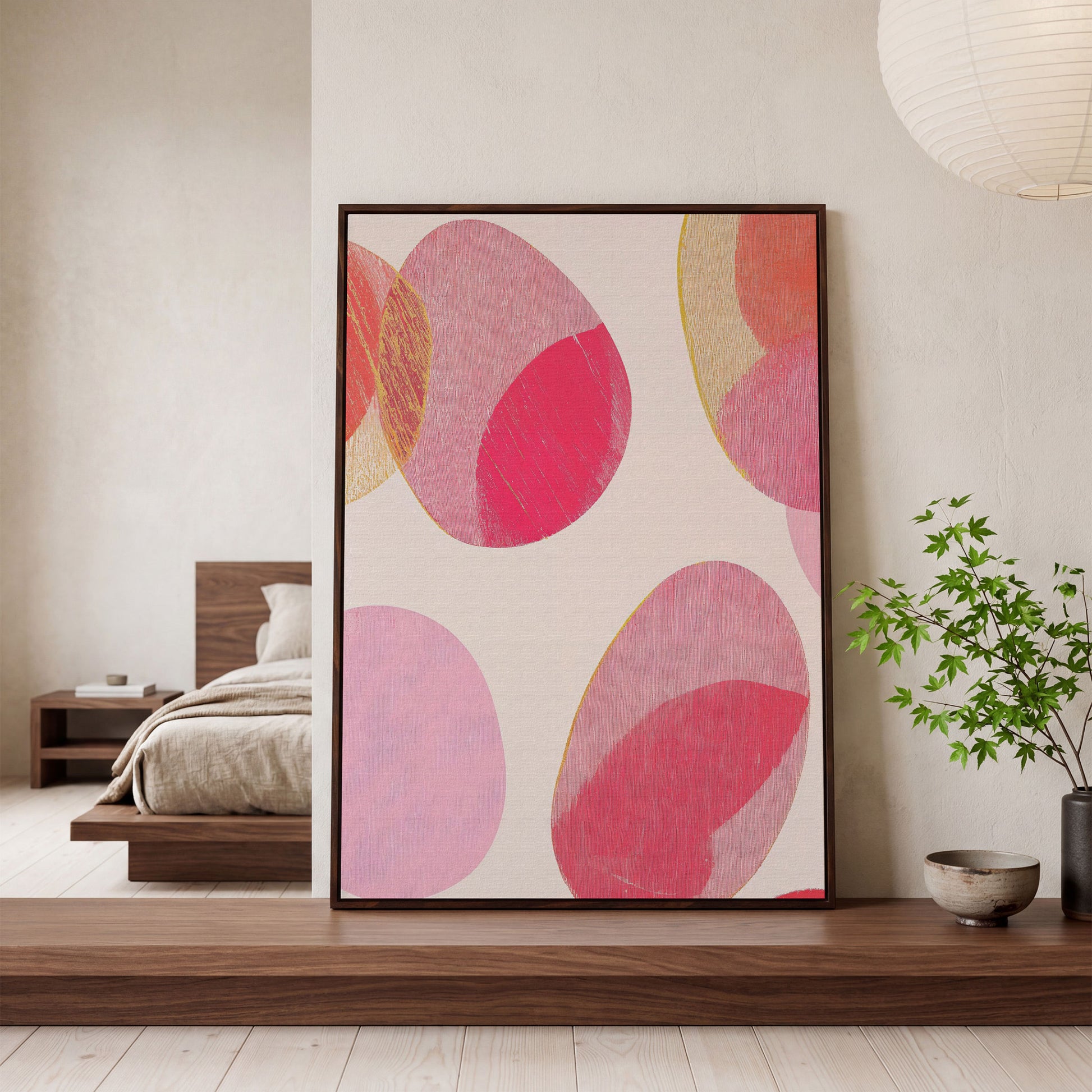 Pink Abstract Circles Canvas Wall Art in dark walnut floating frame