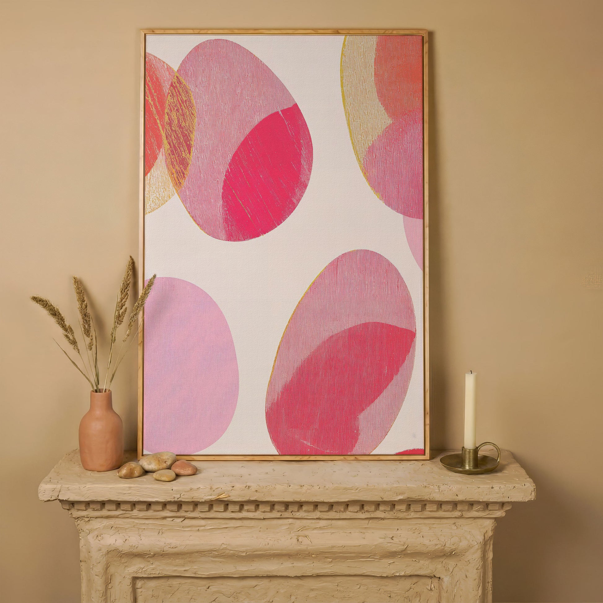 Pink Abstract Circles Canvas Wall Art in white oak floating frame