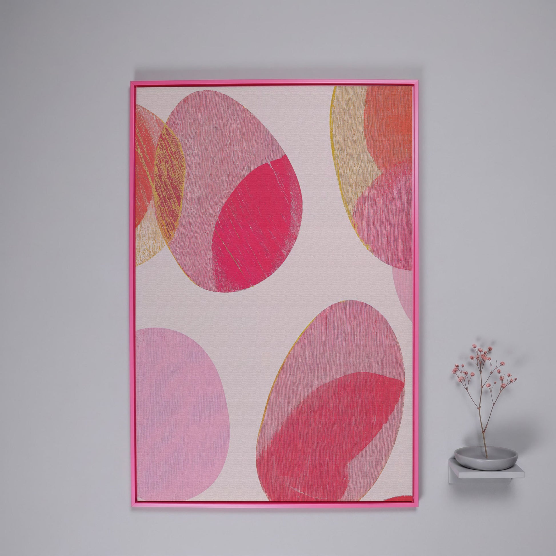 Pink Abstract Circles Canvas Wall Art in pink floating frame
