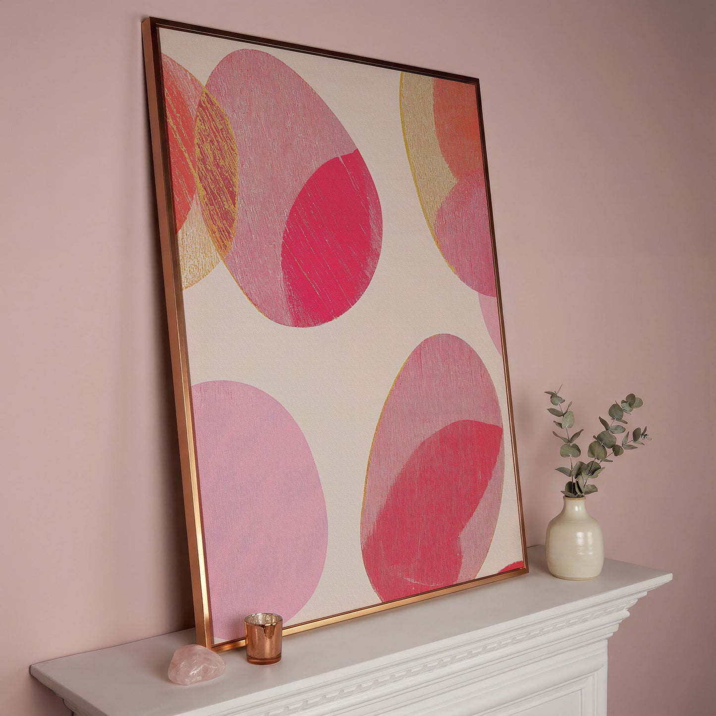 Pink Abstract Circles Canvas Wall Art in rose gold floating frame