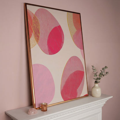 Pink Abstract Circles Canvas Wall Art in rose gold floating frame