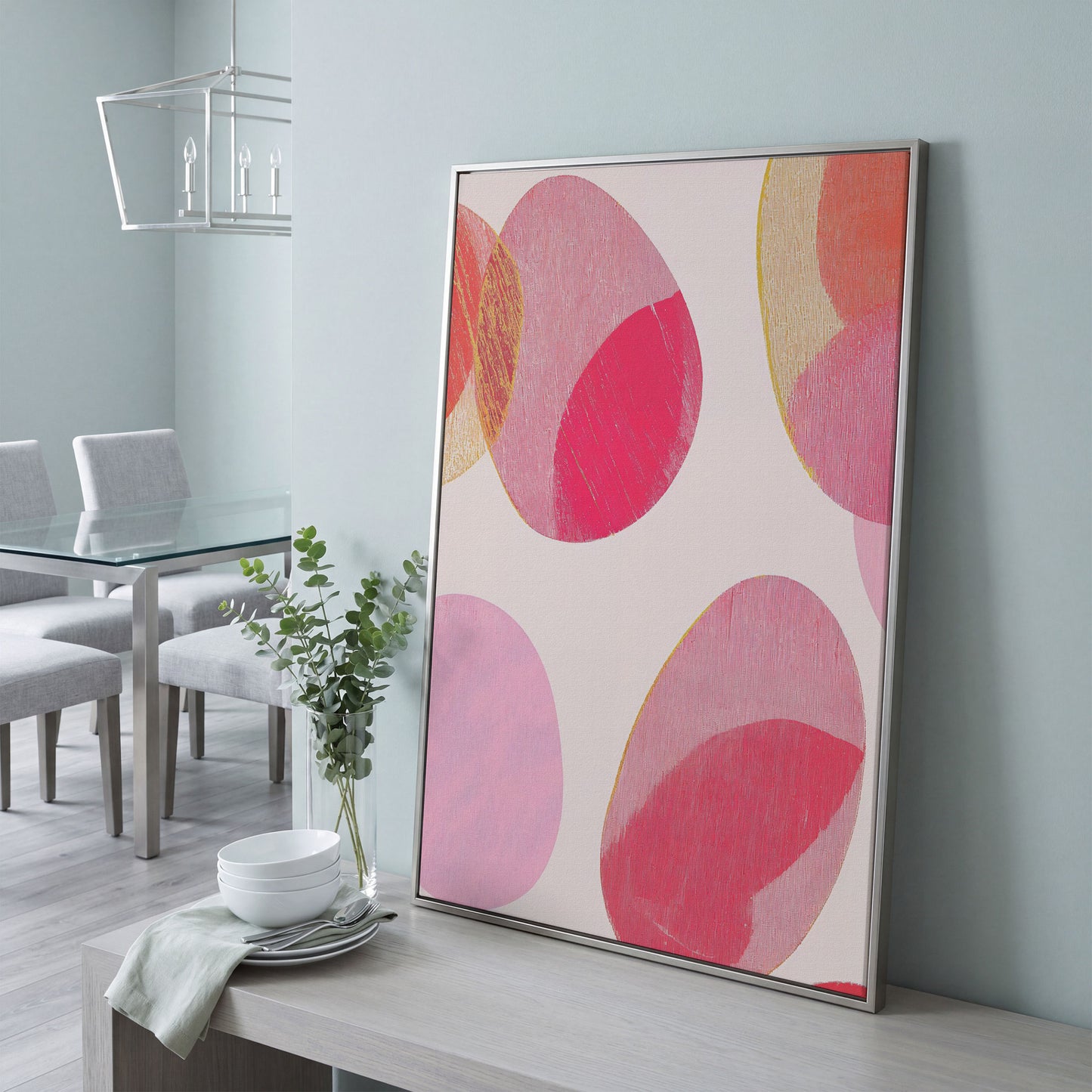 Pink Abstract Circles Canvas Wall Art in silver floating frame
