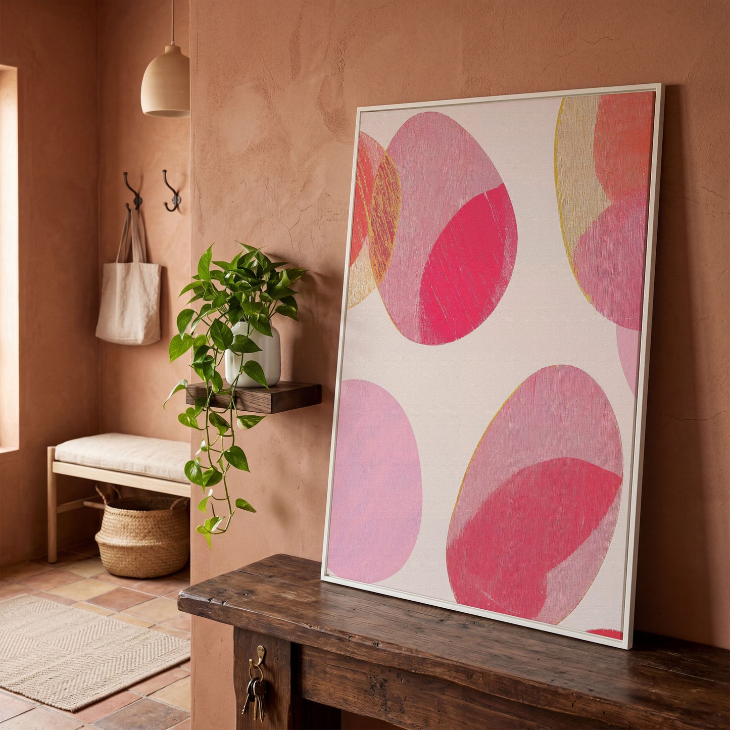 Pink Abstract Circles Canvas Wall Art in white floating frame