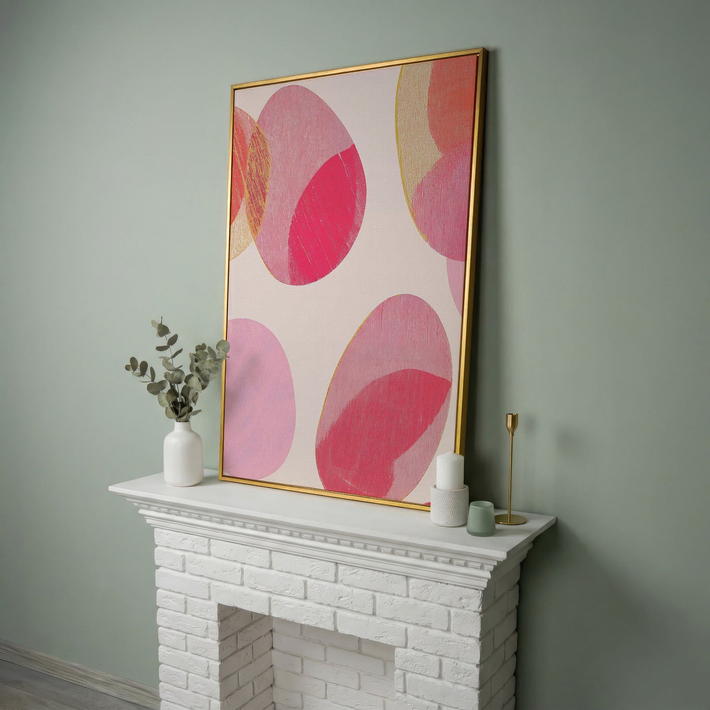 Pink Abstract Circles Canvas Wall Art in yellow gold floating frame
