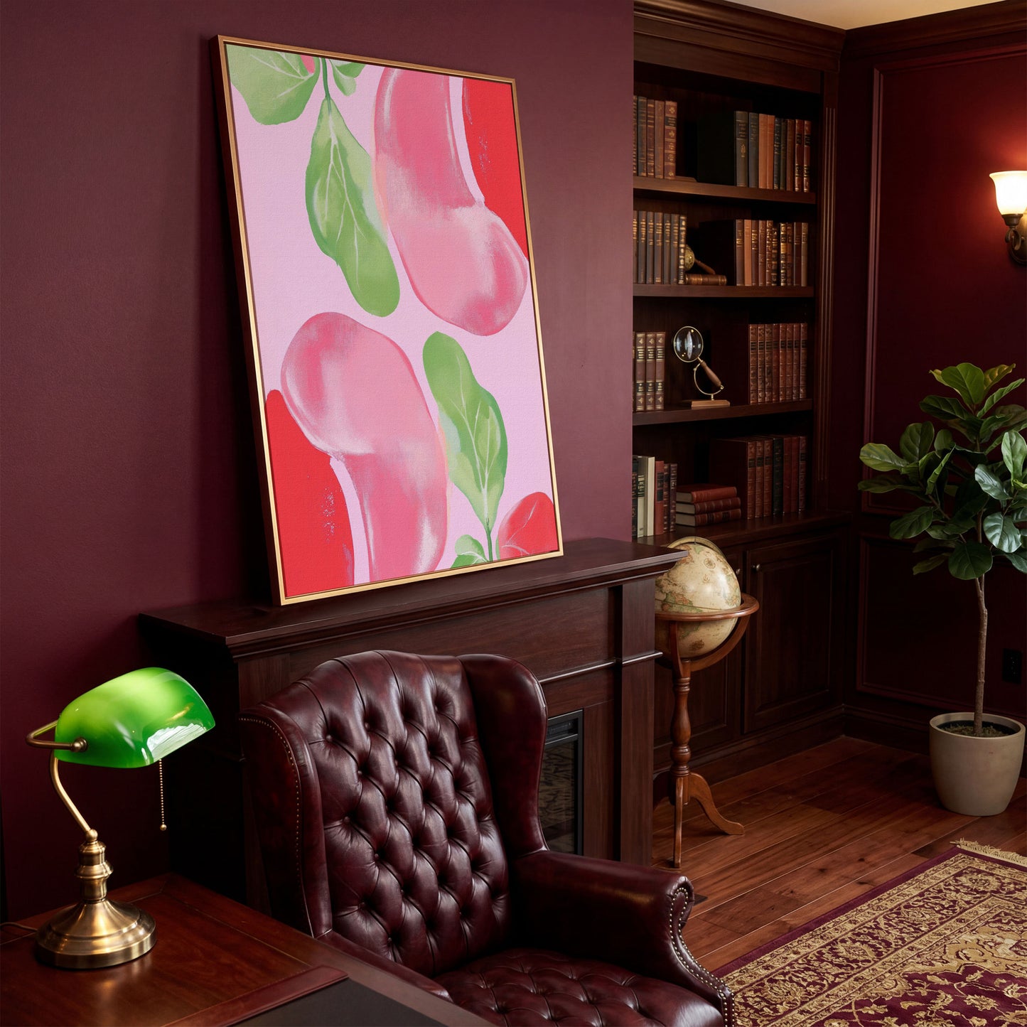 Pink & Green Leaf Abstract Canvas in antique gold floating frame