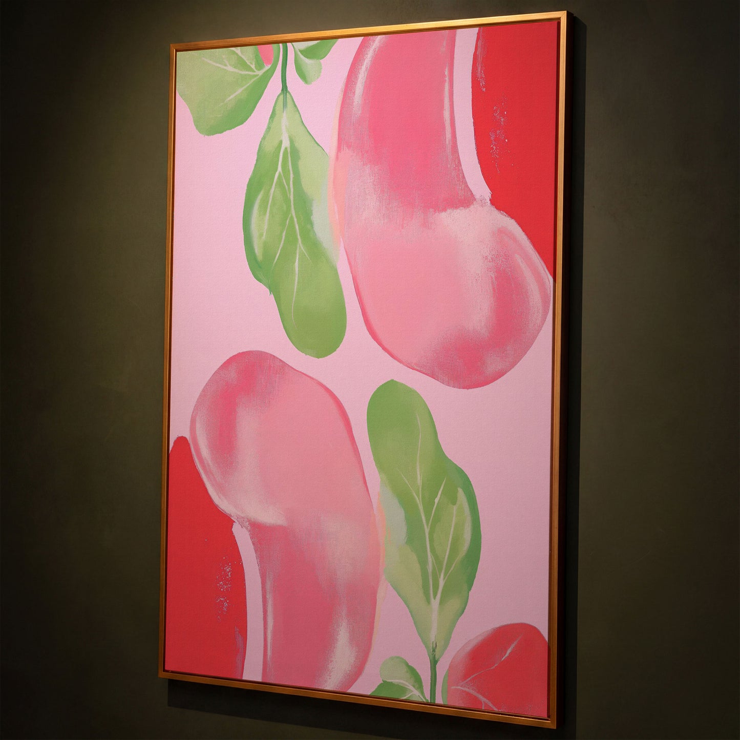 Pink & Green Leaf Abstract Canvas shown in antique gold floating frame