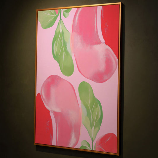 Pink & Green Leaf Abstract Canvas shown in antique gold floating frame