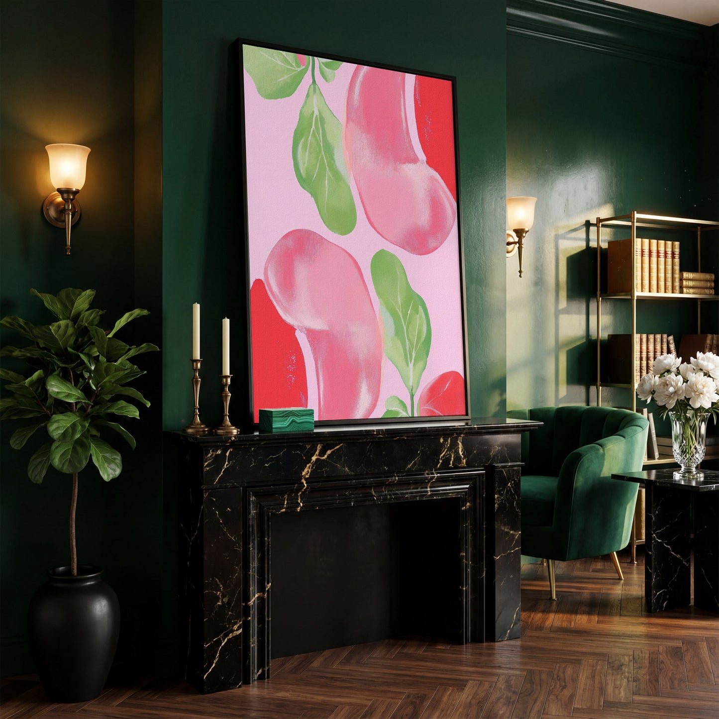 Pink & Green Leaf Abstract Canvas in black floating frame
