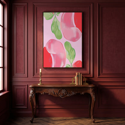 Pink & Green Leaf Abstract Canvas in dark walnut floating frame