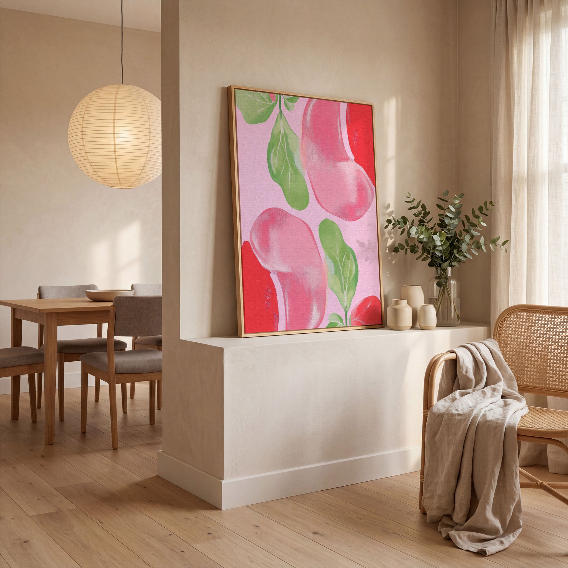 Pink & Green Leaf Abstract Canvas in white oak floating frame