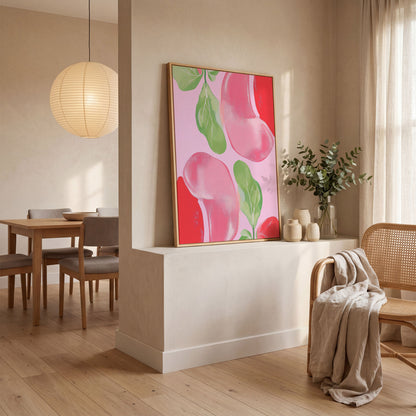 Pink & Green Leaf Abstract Canvas in white oak floating frame
