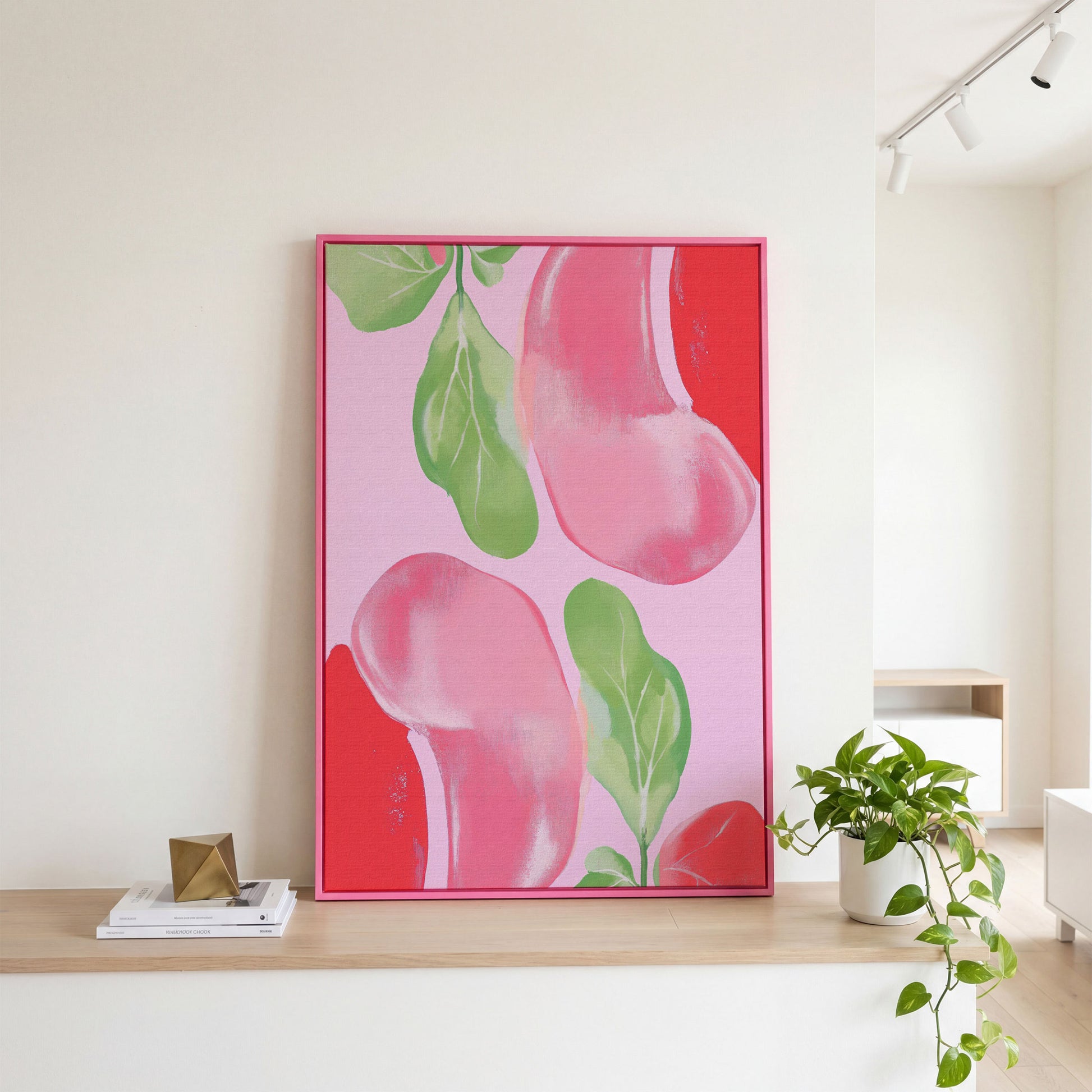 Pink & Green Leaf Abstract Canvas in pink floating frame