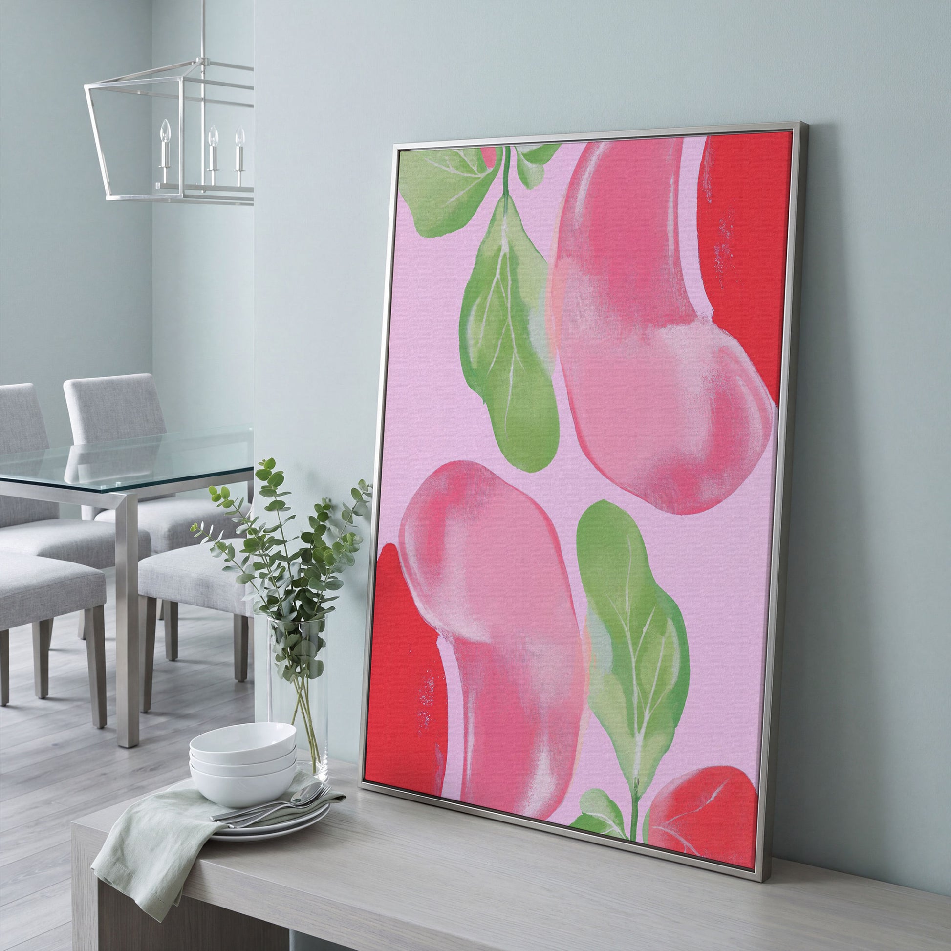 Pink & Green Leaf Abstract Canvas in silver floating frame