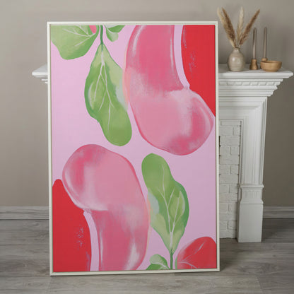 Pink & Green Leaf Abstract Canvas in white floating frame