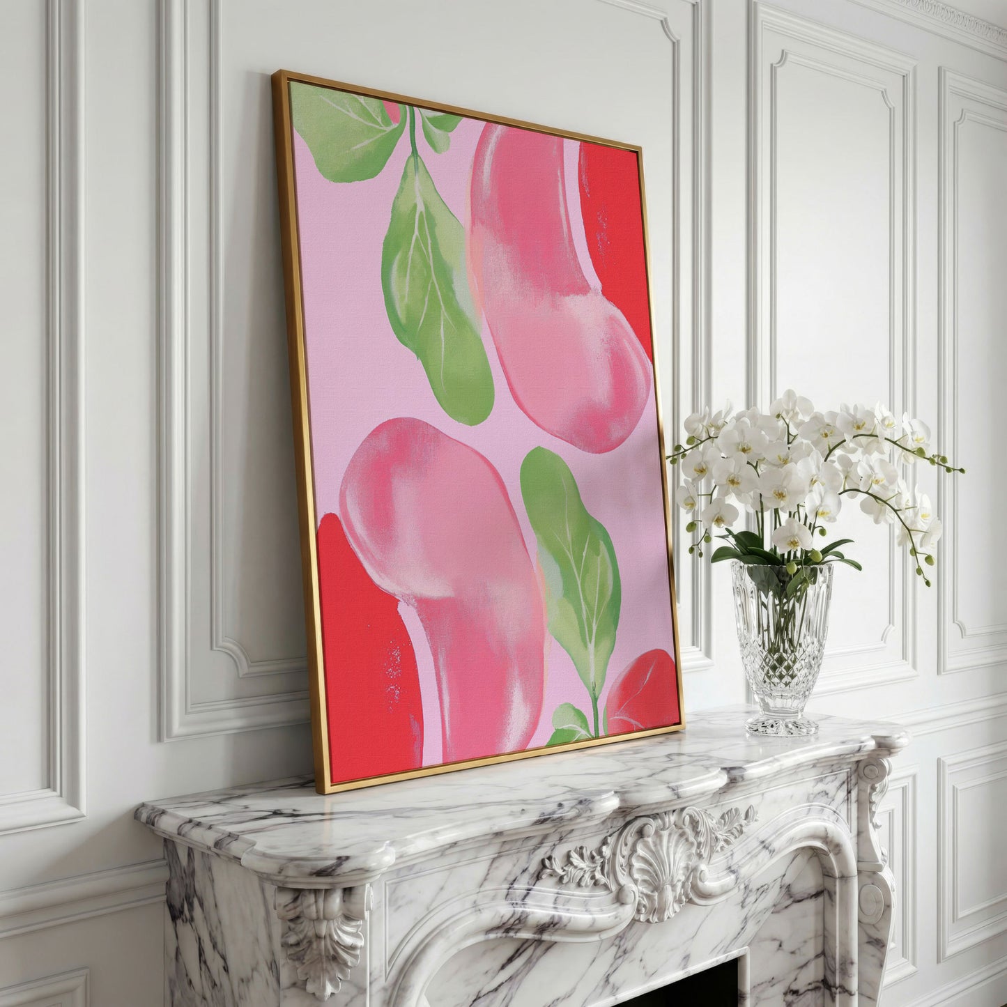 Pink & Green Leaf Abstract Canvas in yellow gold floating frame