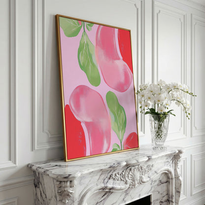 Pink & Green Leaf Abstract Canvas in yellow gold floating frame
