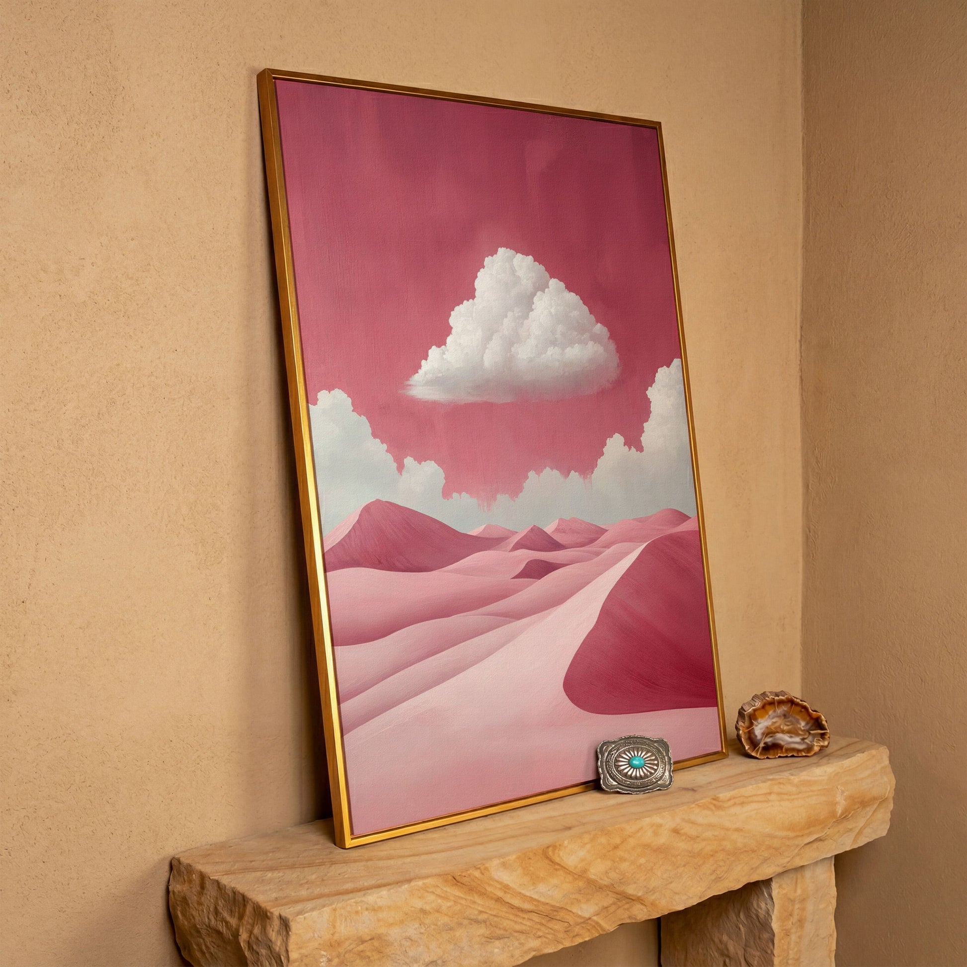 Pink Desert with Clouds Canvas Print in antique gold floating frame
