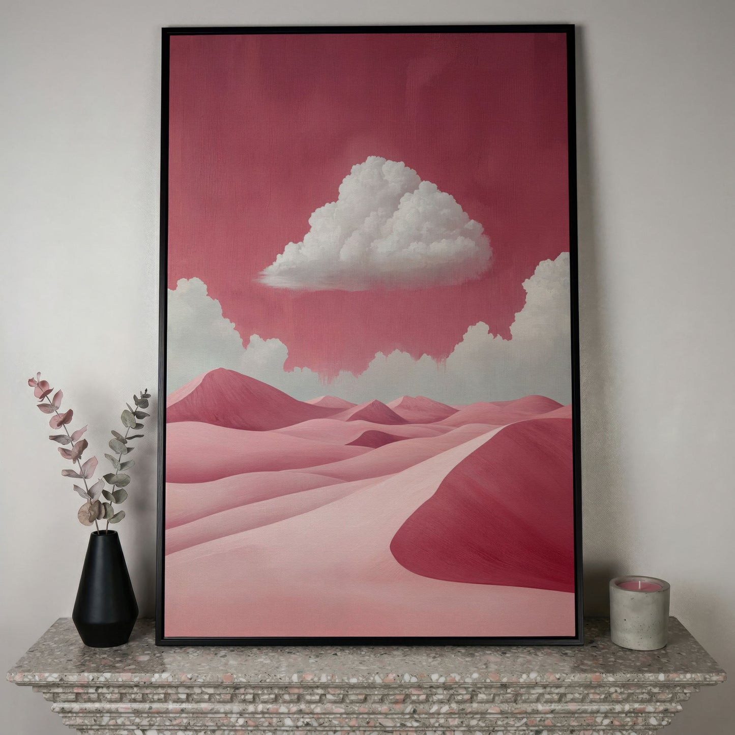 Pink Desert with Clouds Canvas Print in black floating frame