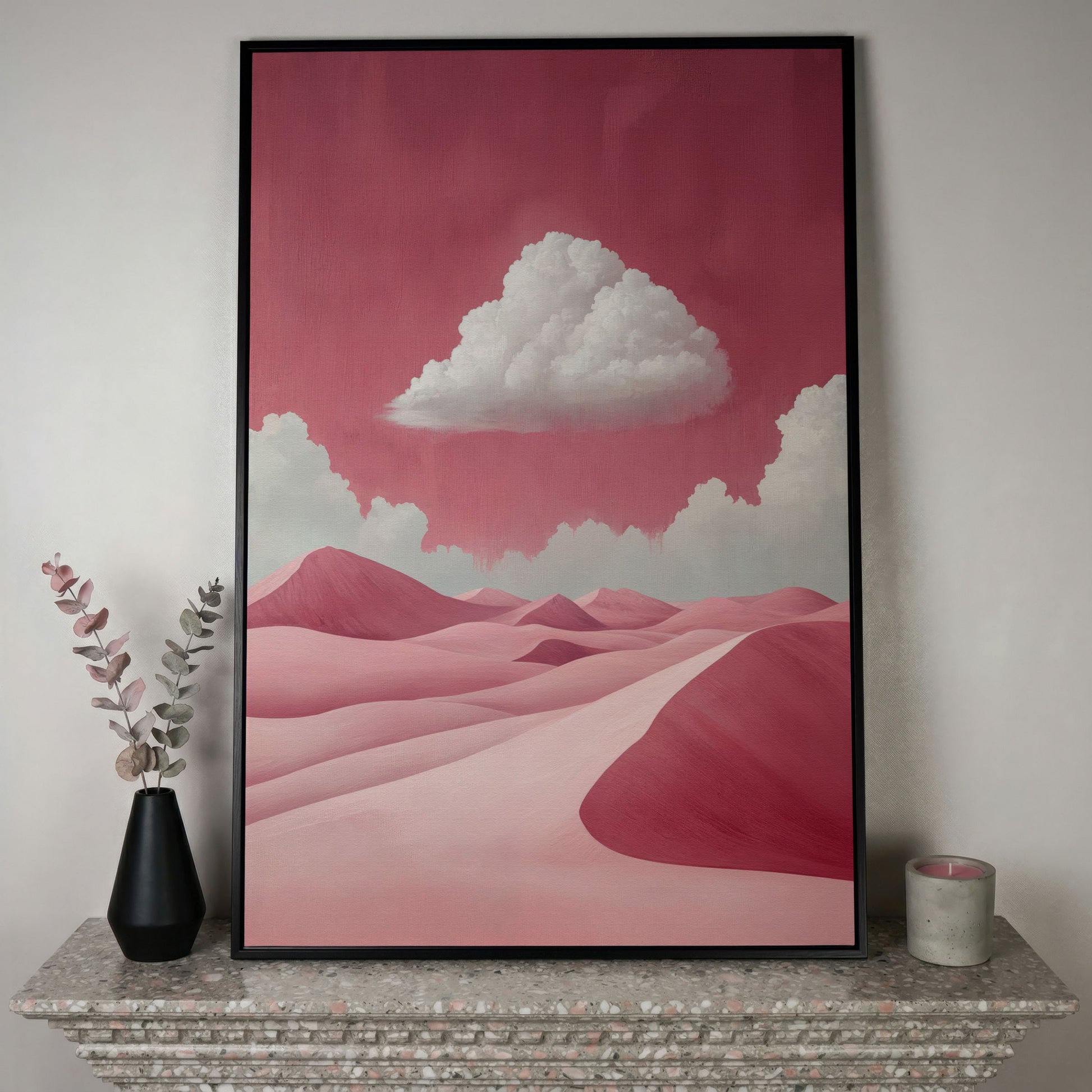 Pink Desert with Clouds Canvas Print in black floating frame