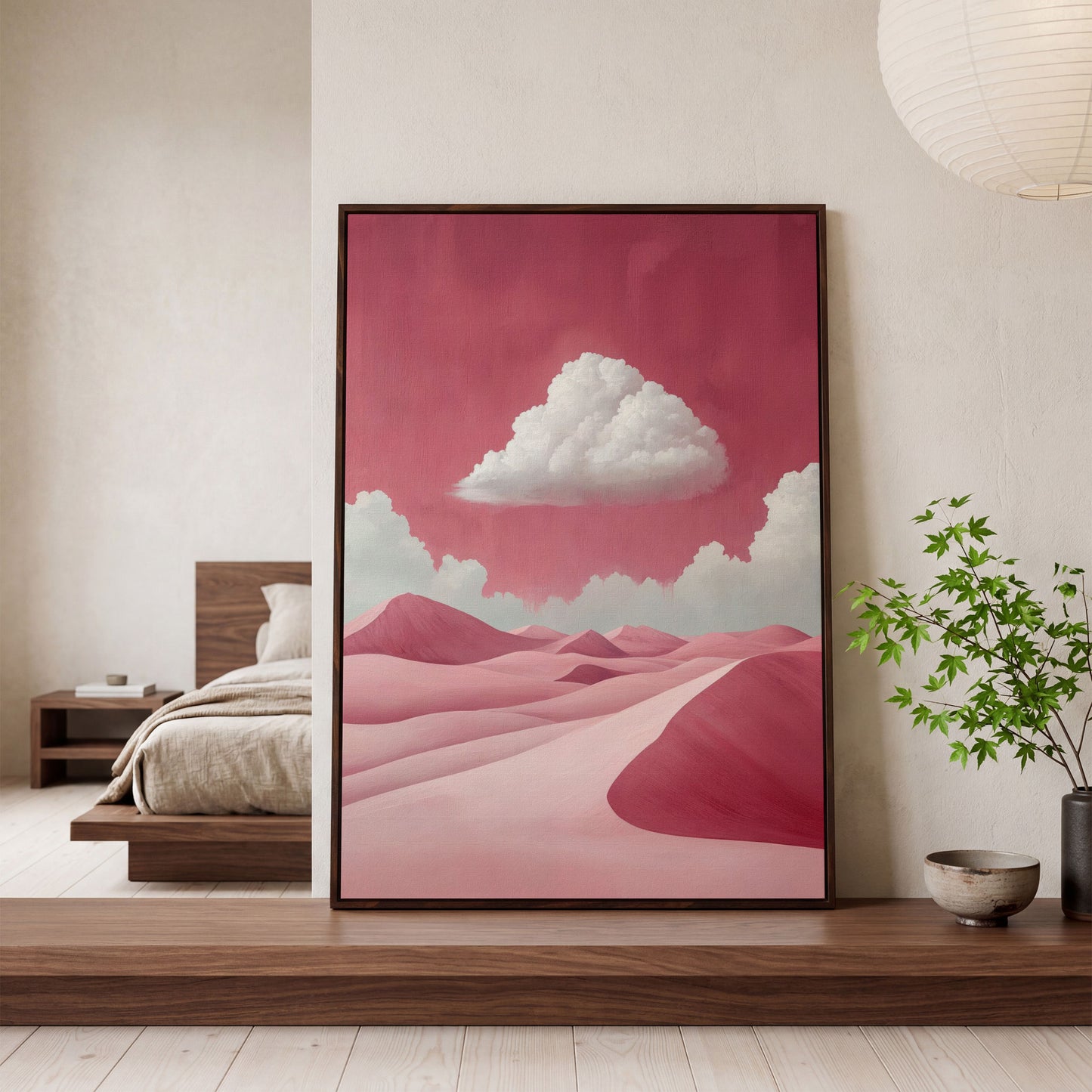 Pink Desert with Clouds Canvas Print in dark walnut floating frame