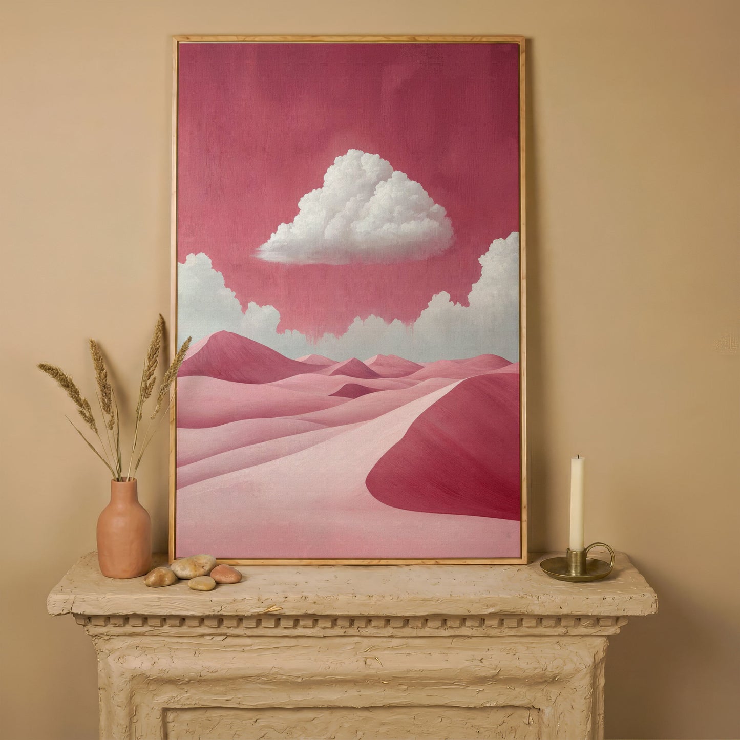 Pink Desert with Clouds Canvas Print in white oak floating frame