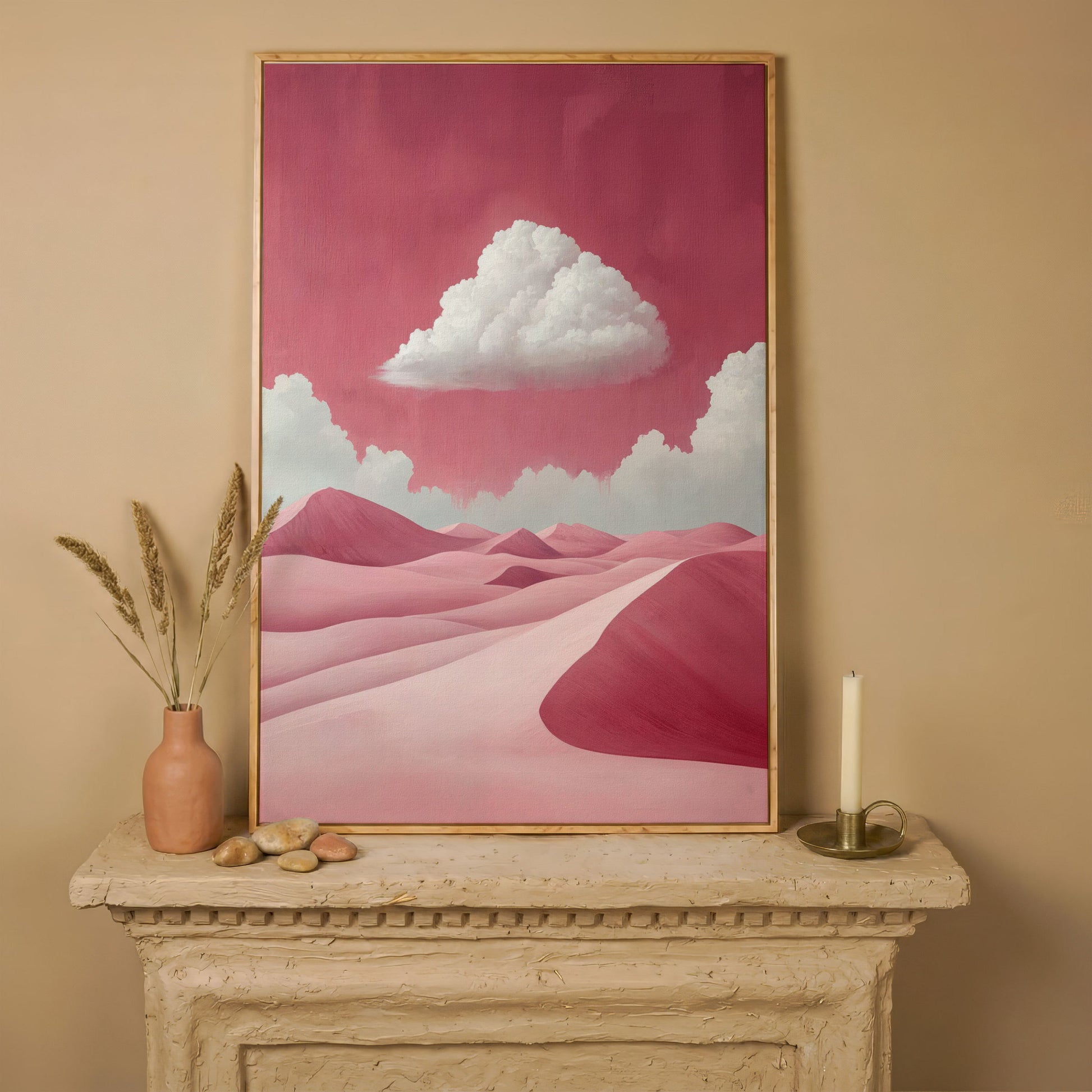 Pink Desert with Clouds Canvas Print in white oak floating frame