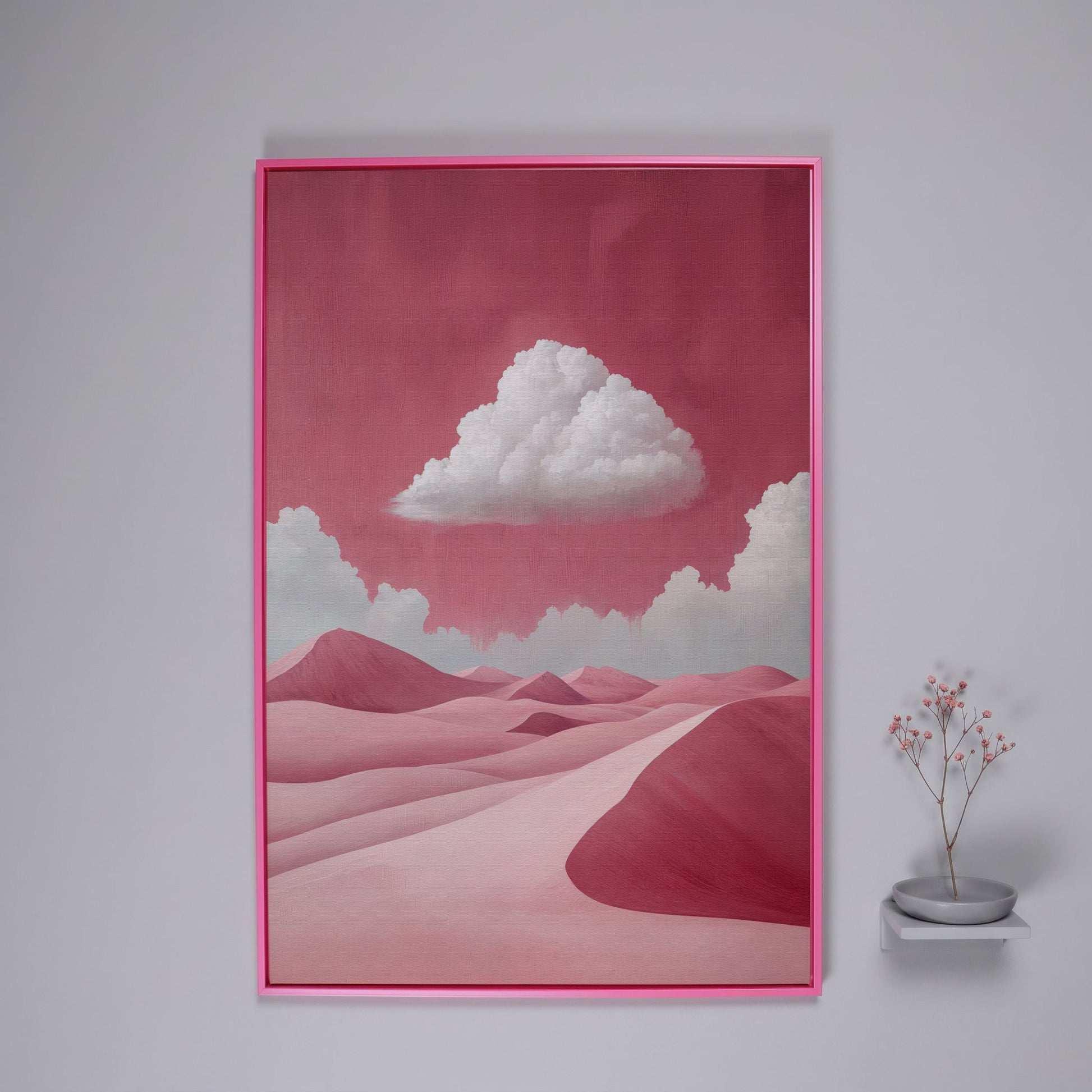 Pink Desert with Clouds Canvas Print in pink floating frame