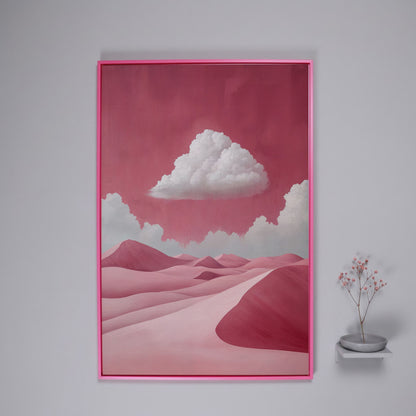 Pink Desert with Clouds Canvas Print in pink floating frame