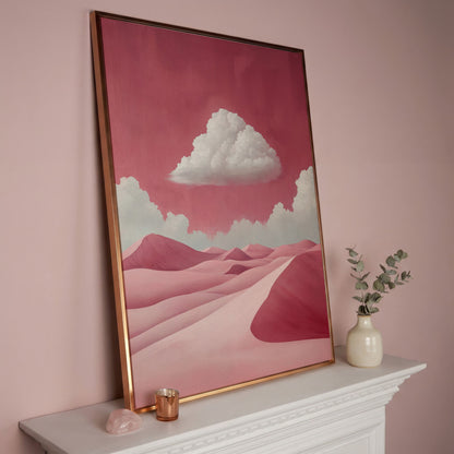 Pink Desert with Clouds Canvas Print in rose gold floating frame