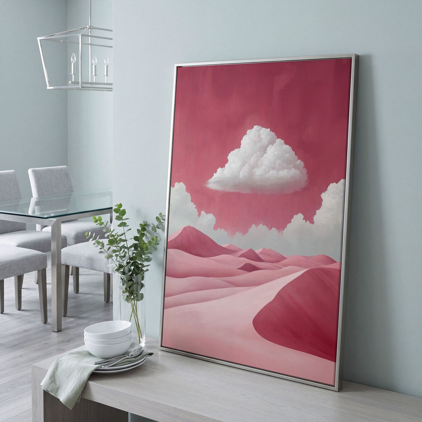 Pink Desert with Clouds Canvas Print in silver floating frame