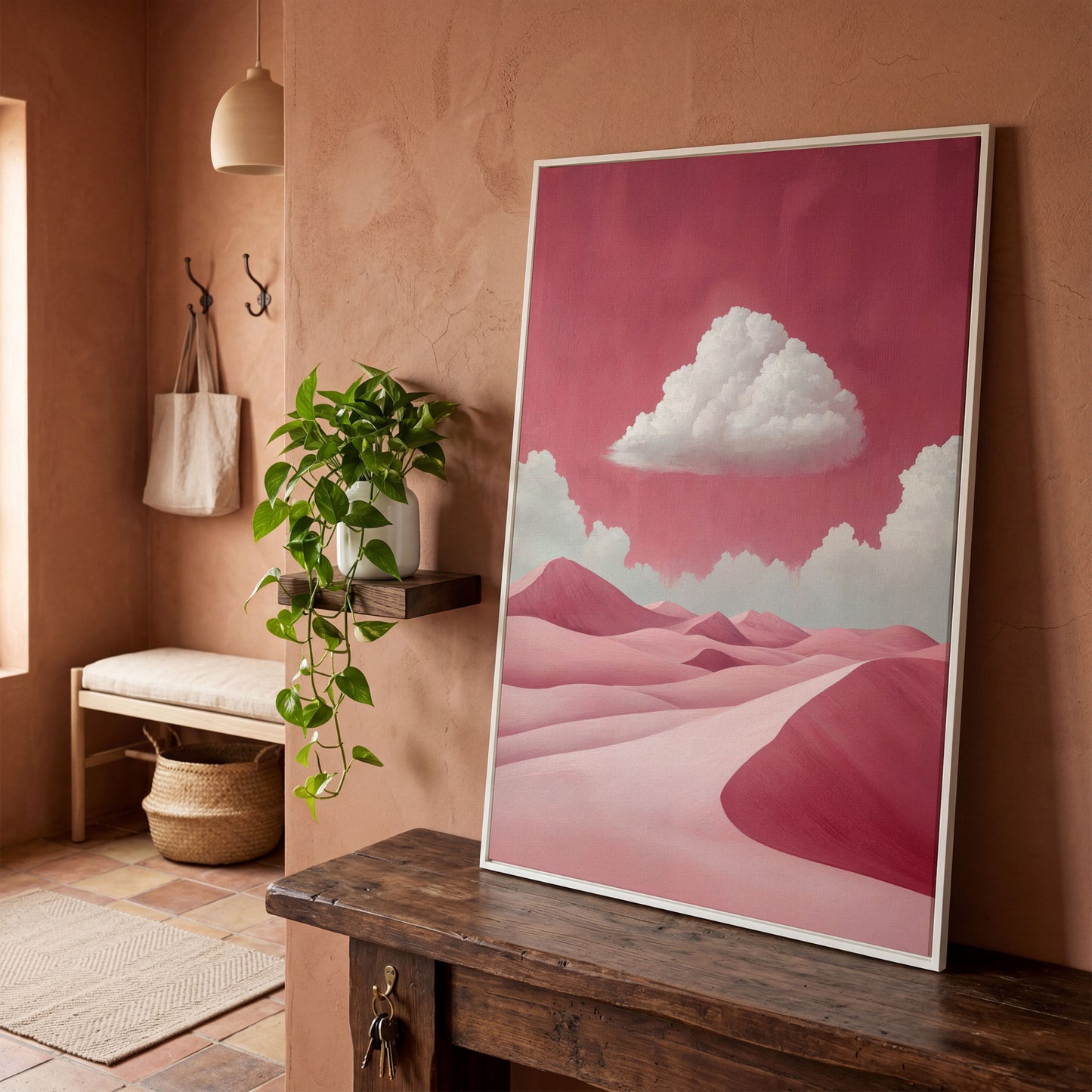Pink Desert with Clouds Canvas Print in white floating frame