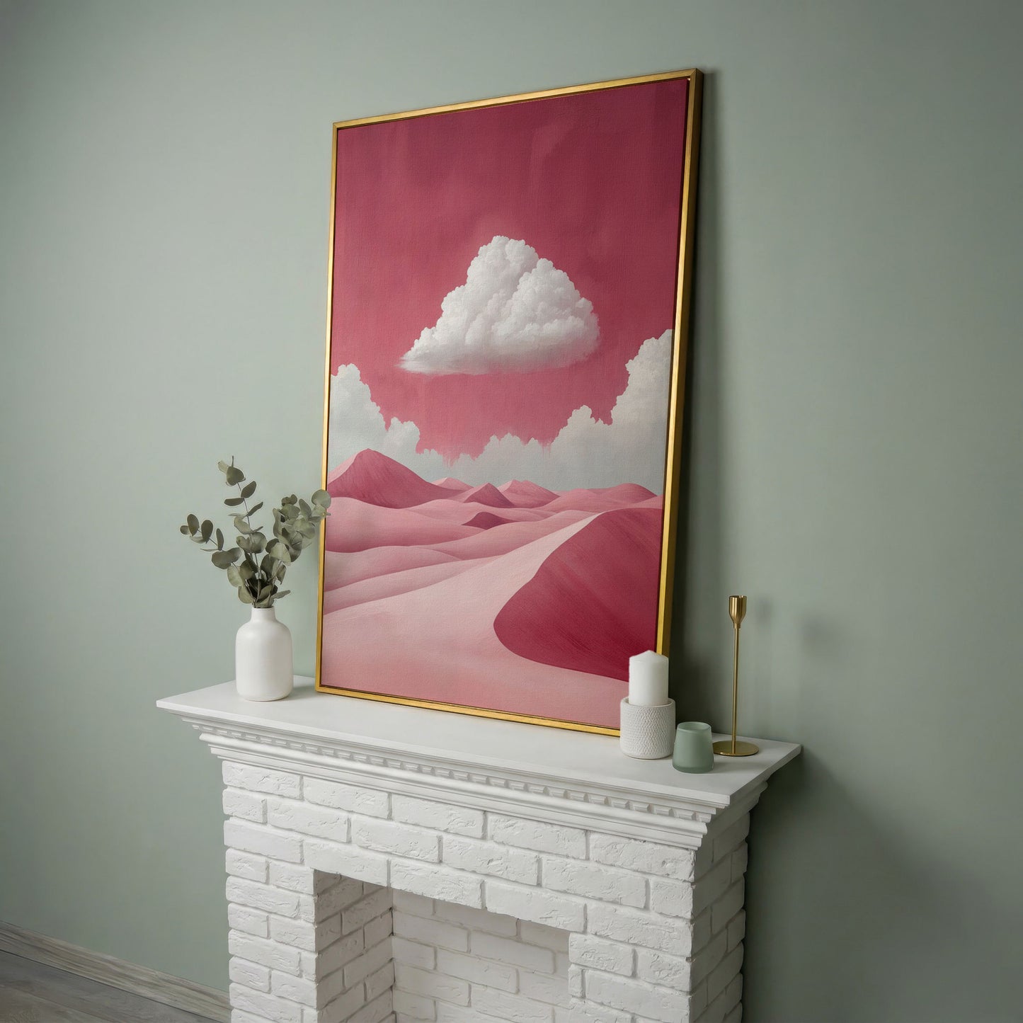 Pink Desert with Clouds Canvas Print in yellow gold floating frame