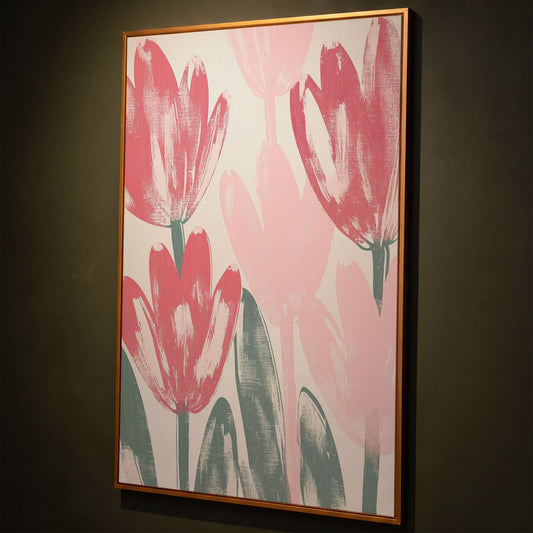 Pink Blossoms Botanical Canvas Print shown in antique gold floating frame