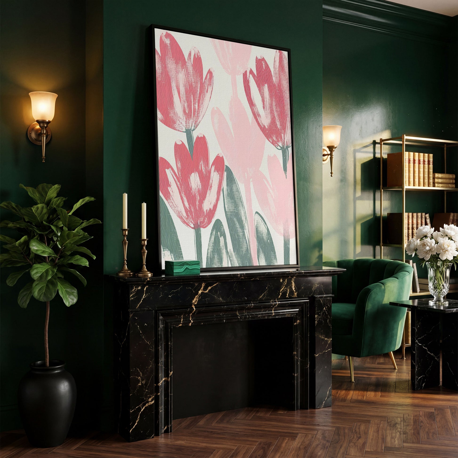 Pink Blossoms Botanical Canvas Print in black floating frame