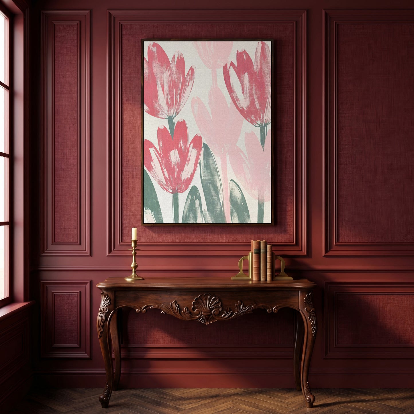 Pink Blossoms Botanical Canvas Print in dark walnut floating frame