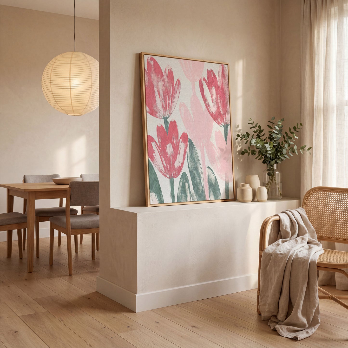Pink Blossoms Botanical Canvas Print in white oak floating frame