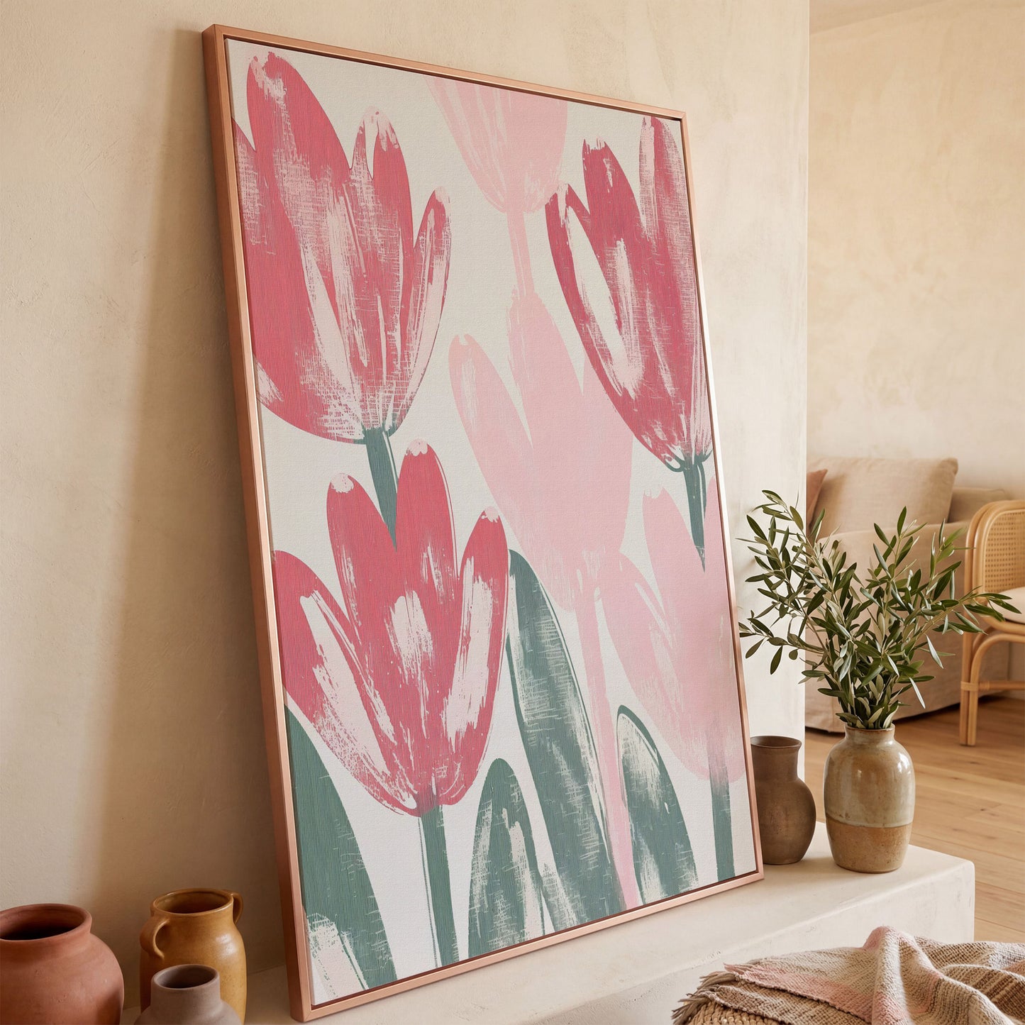 Pink Blossoms Botanical Canvas Print in rose gold floating frame