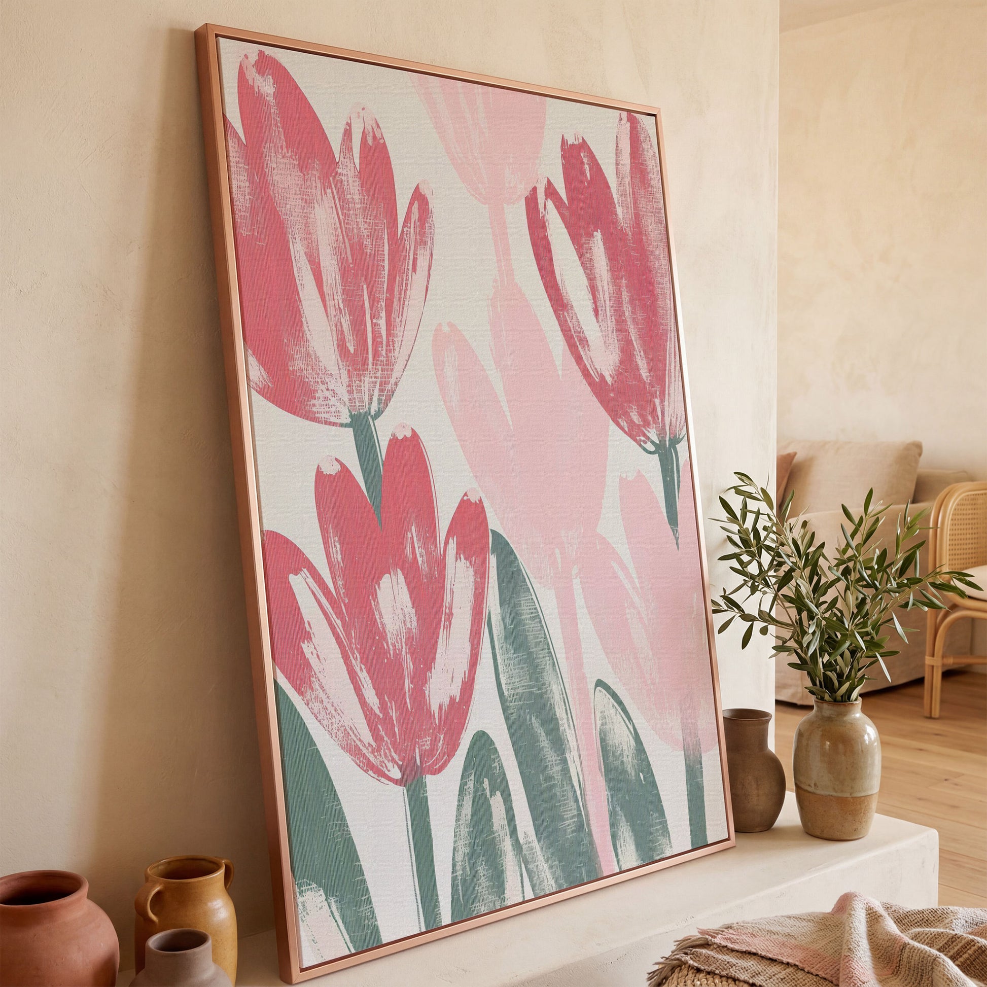 Pink Blossoms Botanical Canvas Print in rose gold floating frame