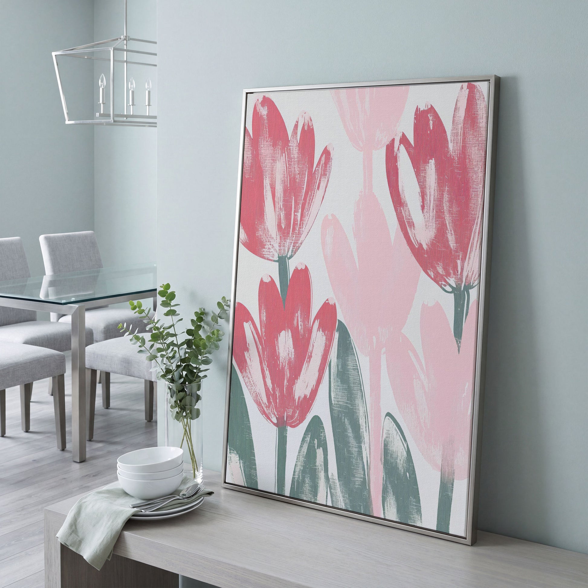 Pink Blossoms Botanical Canvas Print in silver floating frame
