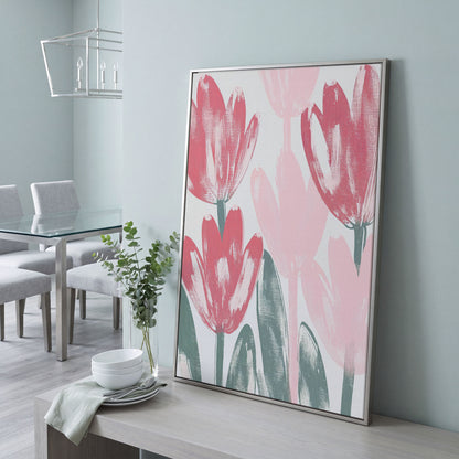 Pink Blossoms Botanical Canvas Print in silver floating frame