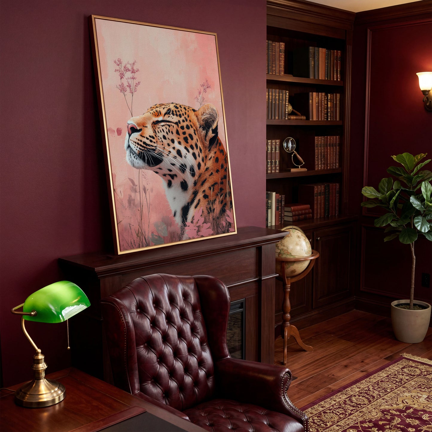 Leopard in Pink Field Canvas Print in antique gold floating frame
