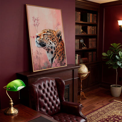 Leopard in Pink Field Canvas Print in antique gold floating frame