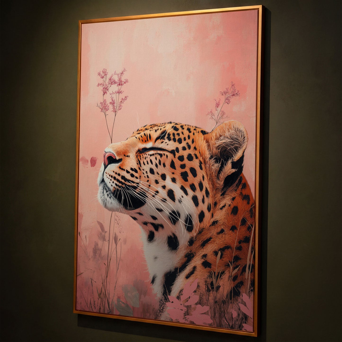 Leopard in Pink Field Canvas Print shown in antique gold floating frame