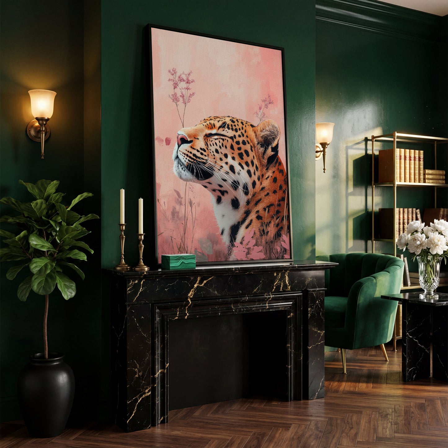 Leopard in Pink Field Canvas Print in black floating frame